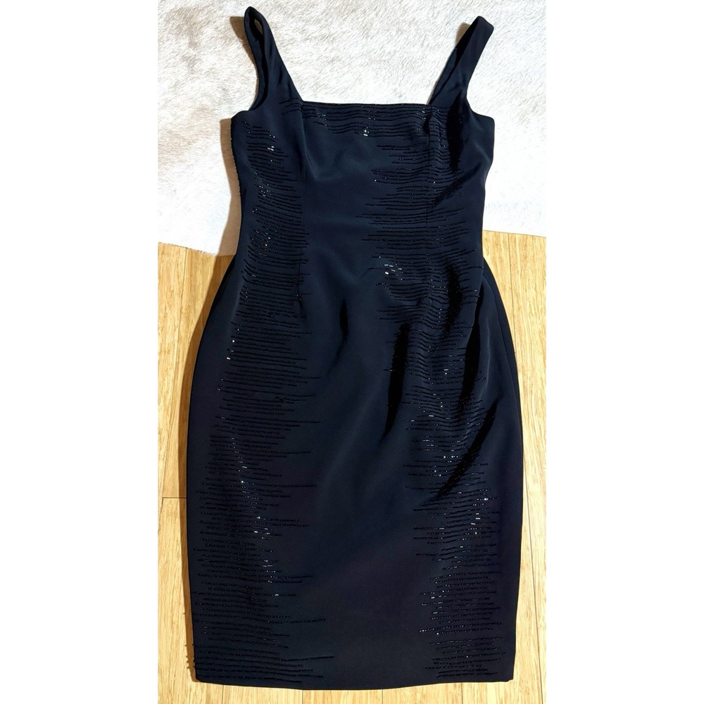 BASIX II womens black beaded‎ midi cocktail dress Square neck size 10